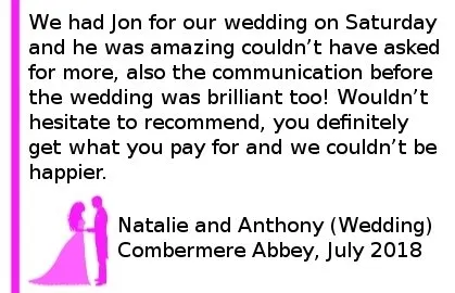 Combermere Abbey Review - We had Jon for our wedding on Saturday and he was amazing couldn t have asked for more, also the communication before the wedding was brilliant too! Wouldn t hesitate to recommend, you definitely get what you pay for and we couldn t be happier. Combermere Abbey Wedding DJ Review